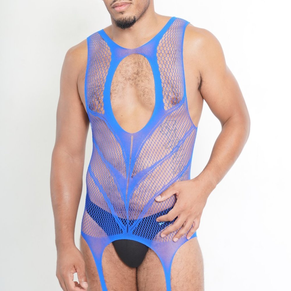 New Blue Gay Hollow Fishnet Bodysuit One Size Fits All